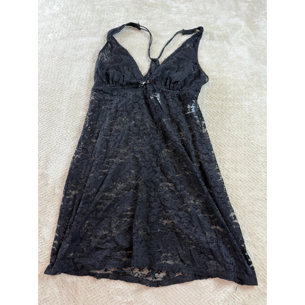 Linea Donatella Babydoll Dress Womens M Black Floral Lace Stretch V-Neck Lined